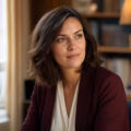 Femme professionnelle en blazer bordeaux souriant dans un bureau.